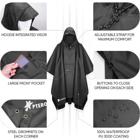 Hooded Rain Poncho for Adult with Pocket, Waterproof Lightweight Unisex Raincoat - Picture 6 of 7